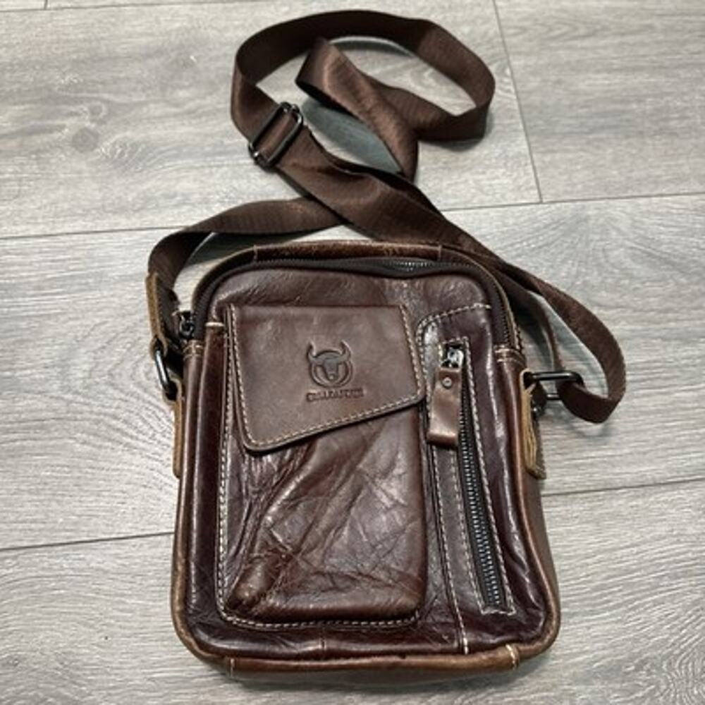 Vtg Bull Captain Leather Crossbody Handbag Brown Pockets Adj Strap Lined Bag
